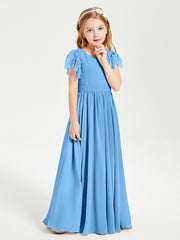 Chiffon Junior Bridesmaid Dresses Lace Flutter Sleeves Scoop Neck Blue