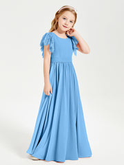 Chiffon Junior Bridesmaid Dresses Lace Flutter Sleeves Scoop Neck Blue