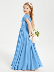Chiffon Junior Bridesmaid Dresses Lace Flutter Sleeves Scoop Neck Blue