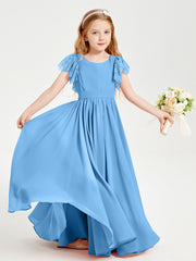 Chiffon Junior Bridesmaid Dresses Lace Flutter Sleeves Scoop Neck Blue