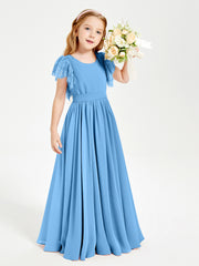 Chiffon Junior Bridesmaid Dresses Lace Flutter Sleeves Scoop Neck Blue