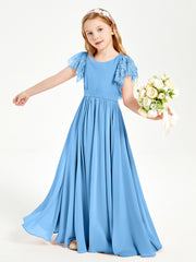 Chiffon Junior Bridesmaid Dresses Lace Flutter Sleeves Scoop Neck Blue