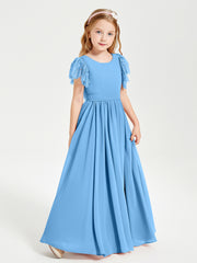 Chiffon Junior Bridesmaid Dresses Lace Flutter Sleeves Scoop Neck Blue