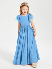 Chiffon Junior Bridesmaid Dresses Lace Flutter Sleeves Scoop Neck Blue