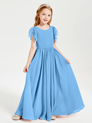Chiffon Junior Bridesmaid Dresses Lace Flutter Sleeves Scoop Neck Blue