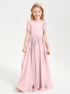 Chiffon Junior Bridesmaid Dresses Lace Flutter Sleeves Scoop Neck Blushing Pink