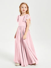 Chiffon Junior Bridesmaid Dresses Lace Flutter Sleeves Scoop Neck Blushing Pink