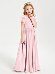 Chiffon Junior Bridesmaid Dresses Lace Flutter Sleeves Scoop Neck Blushing Pink