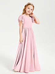 Chiffon Junior Bridesmaid Dresses Lace Flutter Sleeves Scoop Neck Blushing Pink