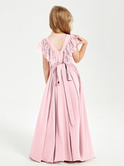 Chiffon Junior Bridesmaid Dresses Lace Flutter Sleeves Scoop Neck Blushing Pink