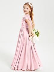 Chiffon Junior Bridesmaid Dresses Lace Flutter Sleeves Scoop Neck Blushing Pink