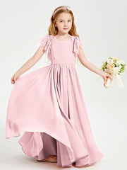 Chiffon Junior Bridesmaid Dresses Lace Flutter Sleeves Scoop Neck Blushing Pink