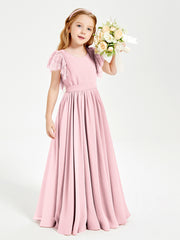 Chiffon Junior Bridesmaid Dresses Lace Flutter Sleeves Scoop Neck Blushing Pink