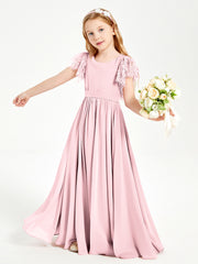 Chiffon Junior Bridesmaid Dresses Lace Flutter Sleeves Scoop Neck Blushing Pink