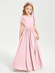 Chiffon Junior Bridesmaid Dresses Lace Flutter Sleeves Scoop Neck Blushing Pink