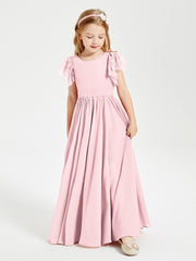 Chiffon Junior Bridesmaid Dresses Lace Flutter Sleeves Scoop Neck Blushing Pink