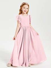 Chiffon Junior Bridesmaid Dresses Lace Flutter Sleeves Scoop Neck Blushing Pink