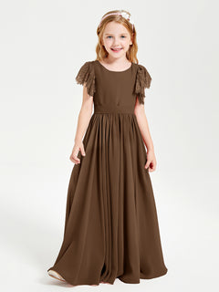 Chiffon Junior Bridesmaid Dresses Lace Flutter Sleeves Scoop Neck Brown