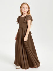 Chiffon Junior Bridesmaid Dresses Lace Flutter Sleeves Scoop Neck Brown