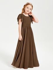 Chiffon Junior Bridesmaid Dresses Lace Flutter Sleeves Scoop Neck Brown