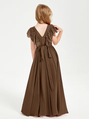 Chiffon Junior Bridesmaid Dresses Lace Flutter Sleeves Scoop Neck Brown