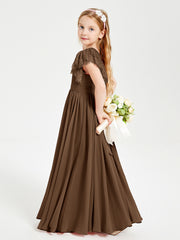 Chiffon Junior Bridesmaid Dresses Lace Flutter Sleeves Scoop Neck Brown