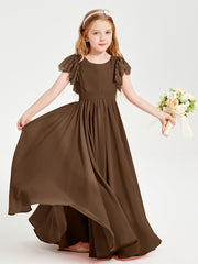 Chiffon Junior Bridesmaid Dresses Lace Flutter Sleeves Scoop Neck Brown
