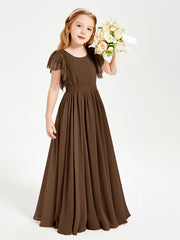 Chiffon Junior Bridesmaid Dresses Lace Flutter Sleeves Scoop Neck Brown