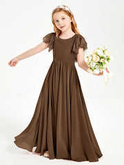Chiffon Junior Bridesmaid Dresses Lace Flutter Sleeves Scoop Neck Brown
