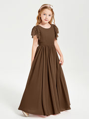Chiffon Junior Bridesmaid Dresses Lace Flutter Sleeves Scoop Neck Brown