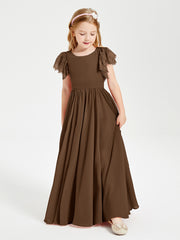 Chiffon Junior Bridesmaid Dresses Lace Flutter Sleeves Scoop Neck Brown