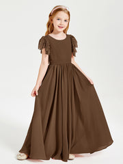 Chiffon Junior Bridesmaid Dresses Lace Flutter Sleeves Scoop Neck Brown