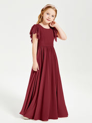 Chiffon Junior Bridesmaid Dresses Lace Flutter Sleeves Scoop Neck Burgundy