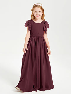 Chiffon Junior Bridesmaid Dresses Lace Flutter Sleeves Scoop Neck Cabernet