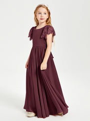 Chiffon Junior Bridesmaid Dresses Lace Flutter Sleeves Scoop Neck Cabernet