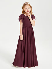 Chiffon Junior Bridesmaid Dresses Lace Flutter Sleeves Scoop Neck Cabernet