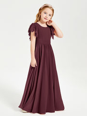 Chiffon Junior Bridesmaid Dresses Lace Flutter Sleeves Scoop Neck Cabernet