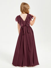 Chiffon Junior Bridesmaid Dresses Lace Flutter Sleeves Scoop Neck Cabernet
