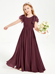 Chiffon Junior Bridesmaid Dresses Lace Flutter Sleeves Scoop Neck Cabernet