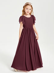 Chiffon Junior Bridesmaid Dresses Lace Flutter Sleeves Scoop Neck Cabernet
