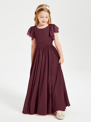 Chiffon Junior Bridesmaid Dresses Lace Flutter Sleeves Scoop Neck Cabernet