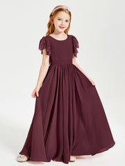 Chiffon Junior Bridesmaid Dresses Lace Flutter Sleeves Scoop Neck Cabernet
