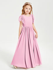 Chiffon Junior Bridesmaid Dresses Lace Flutter Sleeves Scoop Neck Candy Pink