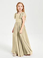 Chiffon Junior Bridesmaid Dresses Lace Flutter Sleeves Scoop Neck Champagne