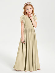 Chiffon Junior Bridesmaid Dresses Lace Flutter Sleeves Scoop Neck Champagne