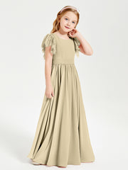 Chiffon Junior Bridesmaid Dresses Lace Flutter Sleeves Scoop Neck Champagne