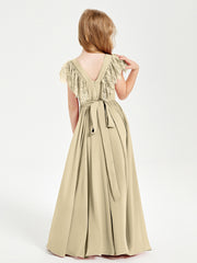 Chiffon Junior Bridesmaid Dresses Lace Flutter Sleeves Scoop Neck Champagne