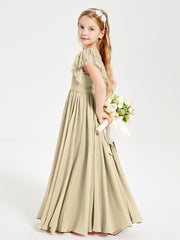 Chiffon Junior Bridesmaid Dresses Lace Flutter Sleeves Scoop Neck Champagne