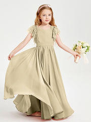 Chiffon Junior Bridesmaid Dresses Lace Flutter Sleeves Scoop Neck Champagne