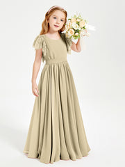 Chiffon Junior Bridesmaid Dresses Lace Flutter Sleeves Scoop Neck Champagne